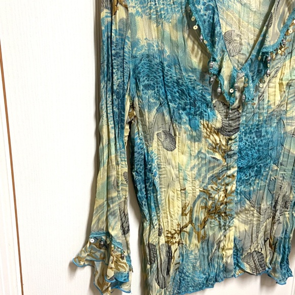 Boho Beaded Floral Top XL Blue Yellow Crinkle Blouse - Picture 5 of 13